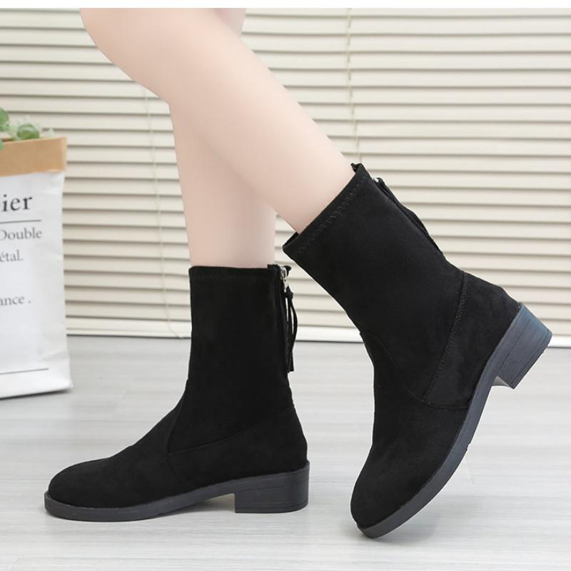 Mode Neue Schuhe für Frauen Mode Reißverschluss Damenstiefel Winter Runde Zehe Solide Flock Casual Short Barrel Niedrigen Absätzen Römerschuhe Frauen