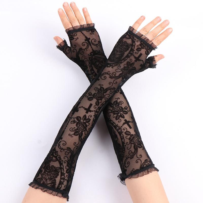 Women Summer Sunscreen Fashion Print Thin Lace Transparent Long Fingerless Gloves Sleeves Elasticity Mesh Lolita Punk Cosplay
