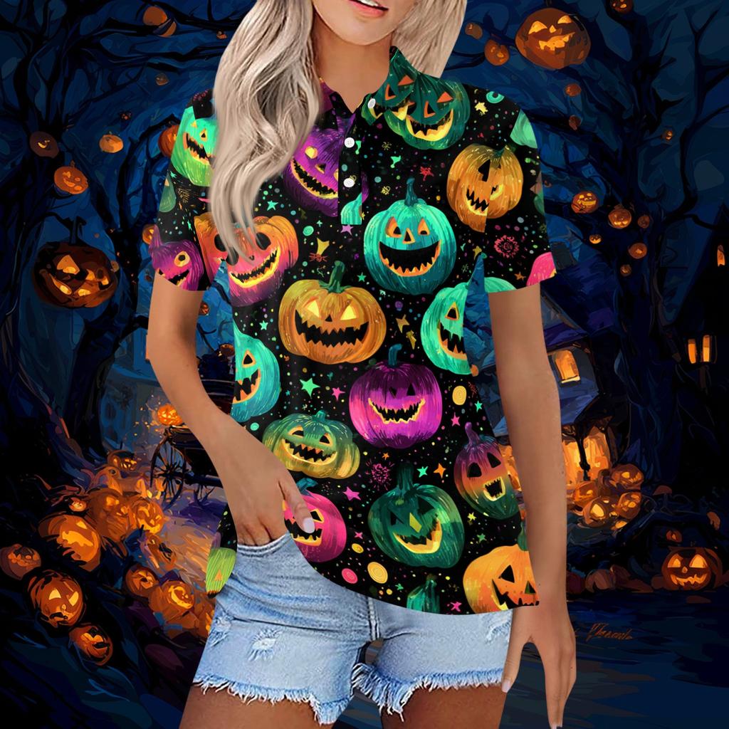 Women's Fashion Casual Button Down Short Sleeve Halloween Print Polo Shirt with Double Side Slits