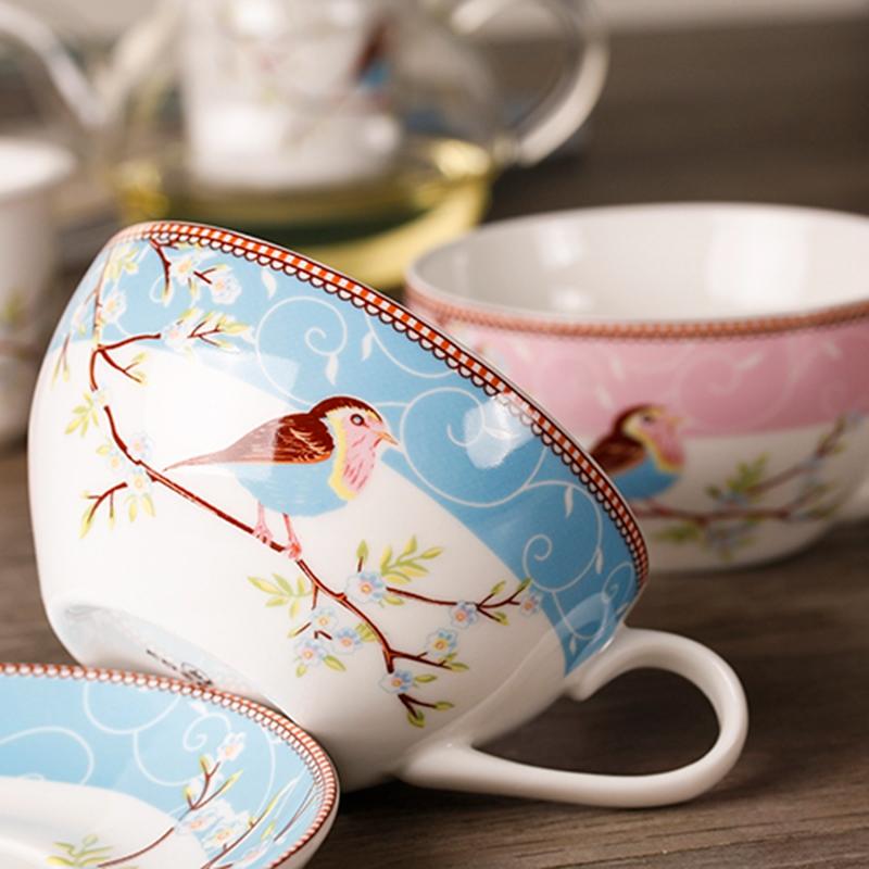 Gut- Blumenteekanne Blume Vogel Tasse Untertasse Hitzebeständiges Glas Topf Set Kaffeetasse Nachmittagstee Teegeschirr