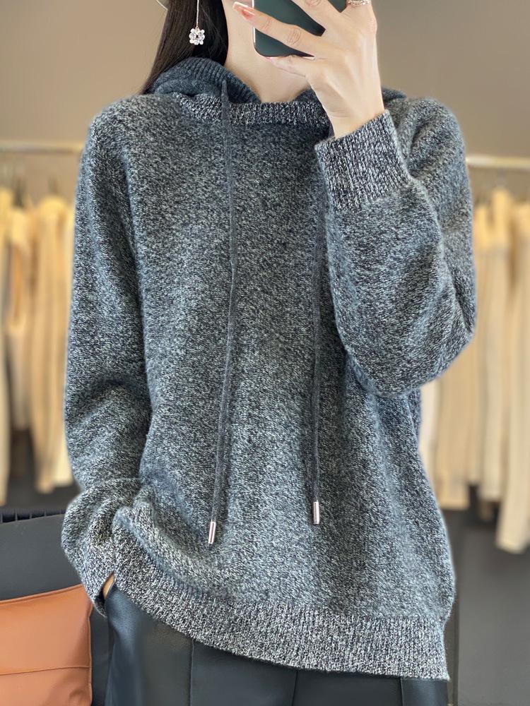 Women's 100% Wool Hooded Sweater: Autumn/Winter Loose Fit, Slimming Pullover Hoodie