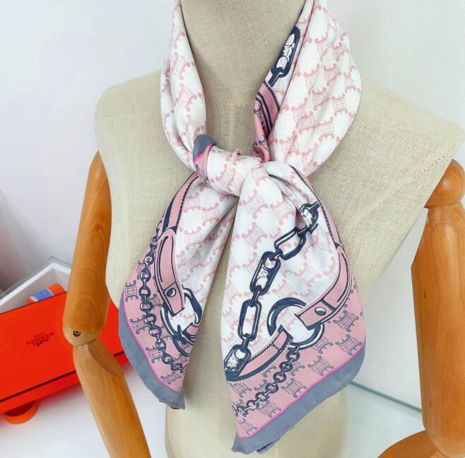 90cm Manual Hand Rolled Twill Silk Scarf Women Belts Chains Square Scarves Wraps Echarpes Curled Foulards Female Bandana Hijabs