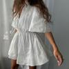 Short Dress European and American Summer New Stand-up Collar Sweet Tie Pleated Waist A-word Dress