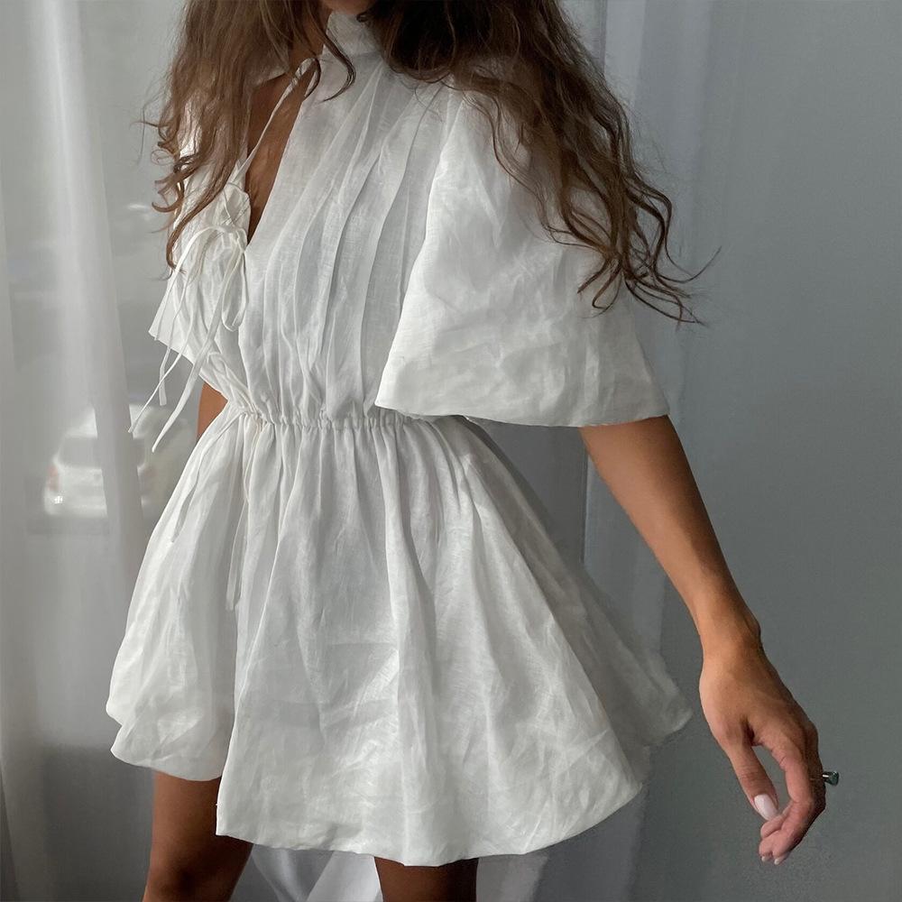 Short Dress European and American Summer New Stand-up Collar Sweet Tie Pleated Waist A-word Dress
