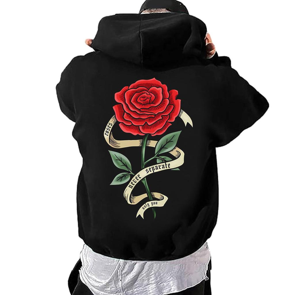 Unisex Long Sleeve Rose Print Pullover Hoodie with Front Pocket for Everyday Wear