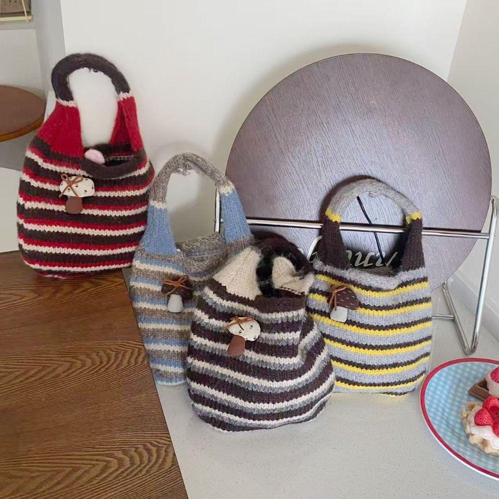 Color-Block Knitted Wrist Bag Japanese Style Wool Bucket Bag Little Mushroom Handbag  Shopping Bag