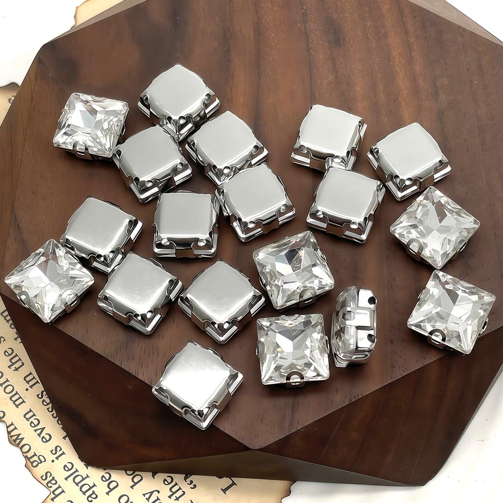 Square Crystal Glass Rhinestones with Claw Marquise Sew On Stone Strass Diamond Metal Base for Wedding Dress Garment Ornament