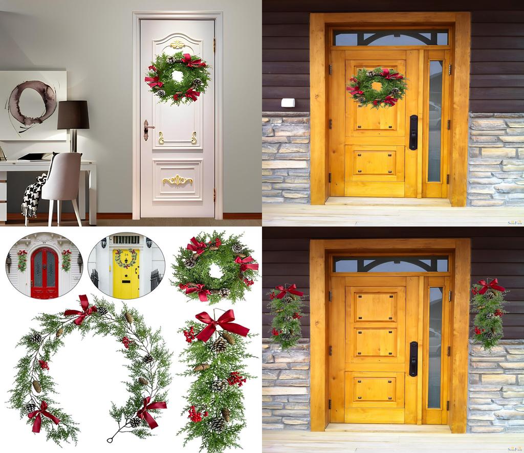 Christmas Rattan Wreath Garland With Berry And Flowers- Diy Fireplace Decor And Tree Ornament