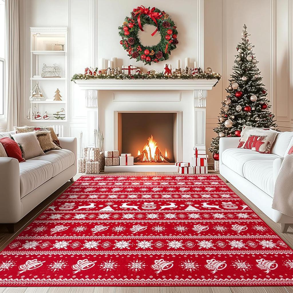VIKAMA Kerst Sneeuwvlok Vloerkleed Rood Zwart Buffalo Plaid Wasbaar Antislip Anti Slip Tapijt Slaapkamer Woonkamer Woondecoratie