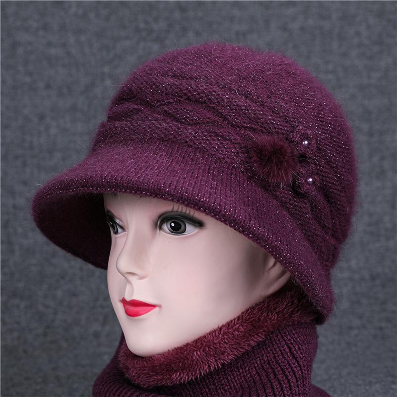 Mother Hat In The Elderly Autumn and Winter Rabbit Hair Knitted Pearl Pot Hat Women Thickened Winter Old Lady Wool Hat