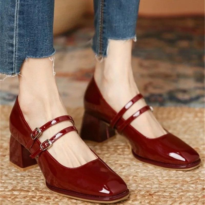 Fashion Women's Shoes Quality Patent Leather Thick Heel Shallow Mouth Single Shoes Mary Jane Shoes Square Toe Design Dress Pumps