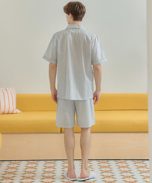 [May Flower] Grey Stripe Short-sleeve Pure Cotton Men's Plus Size Pajama Set [Shipped from Korea] 100% Authentic