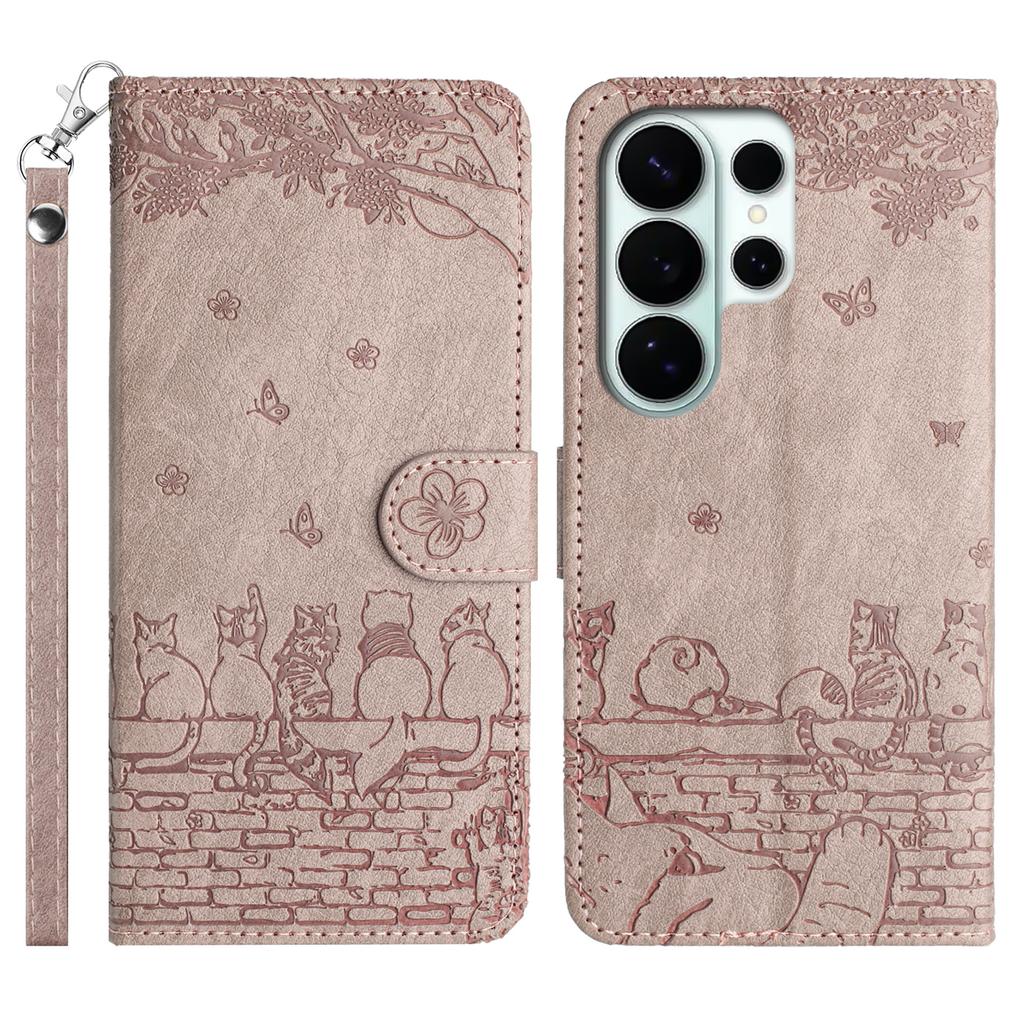 For Samsung Galaxy S26 Ultra Case with Wrist Strap Leather Phone Cover Wall Cats Pattern