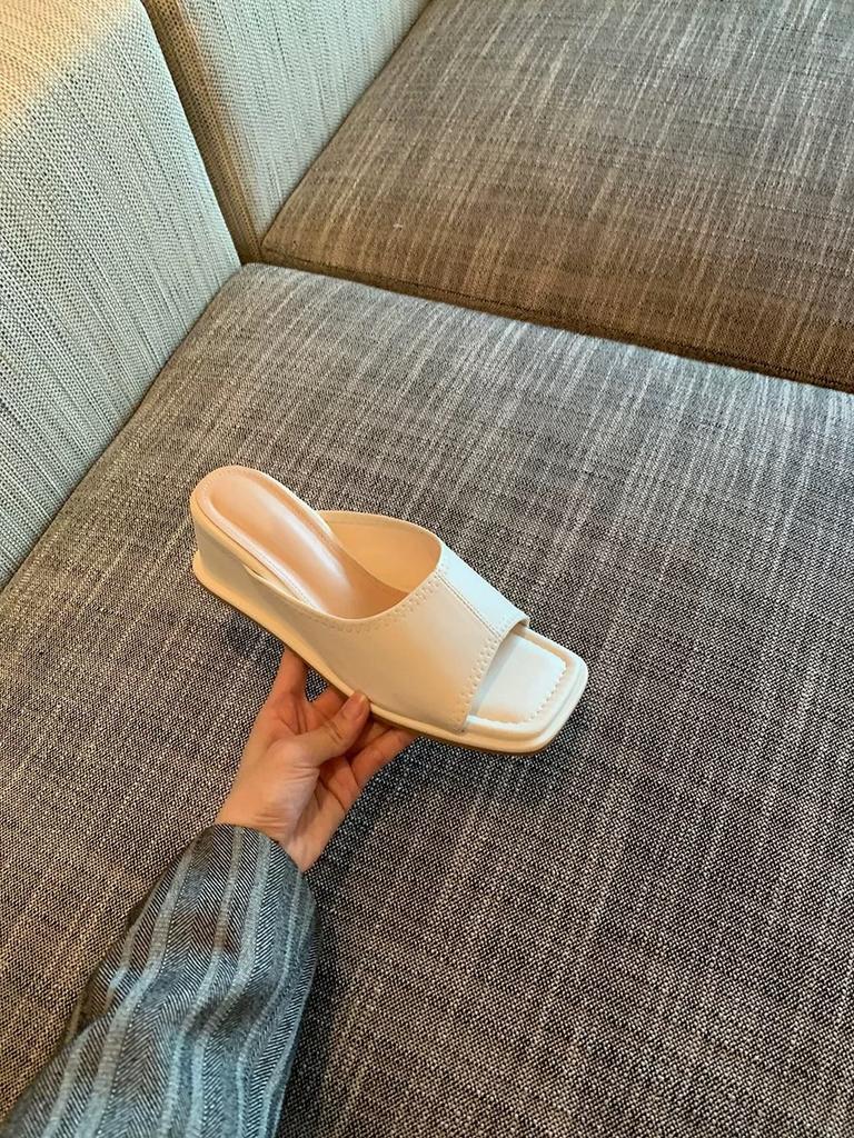 Cowhide Version~ Korean Square Head Slope Heel Open-toed One-word Cool Slippers for Women To Wear 2025 Summer Fashion High-heeled Sandals