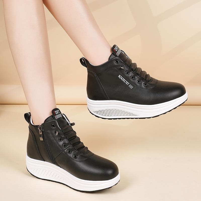 Women's Black Sneakers Height Increase White Leather Boots Platform Casual High Top Thick Sole Elevator Shake Shoes for Students