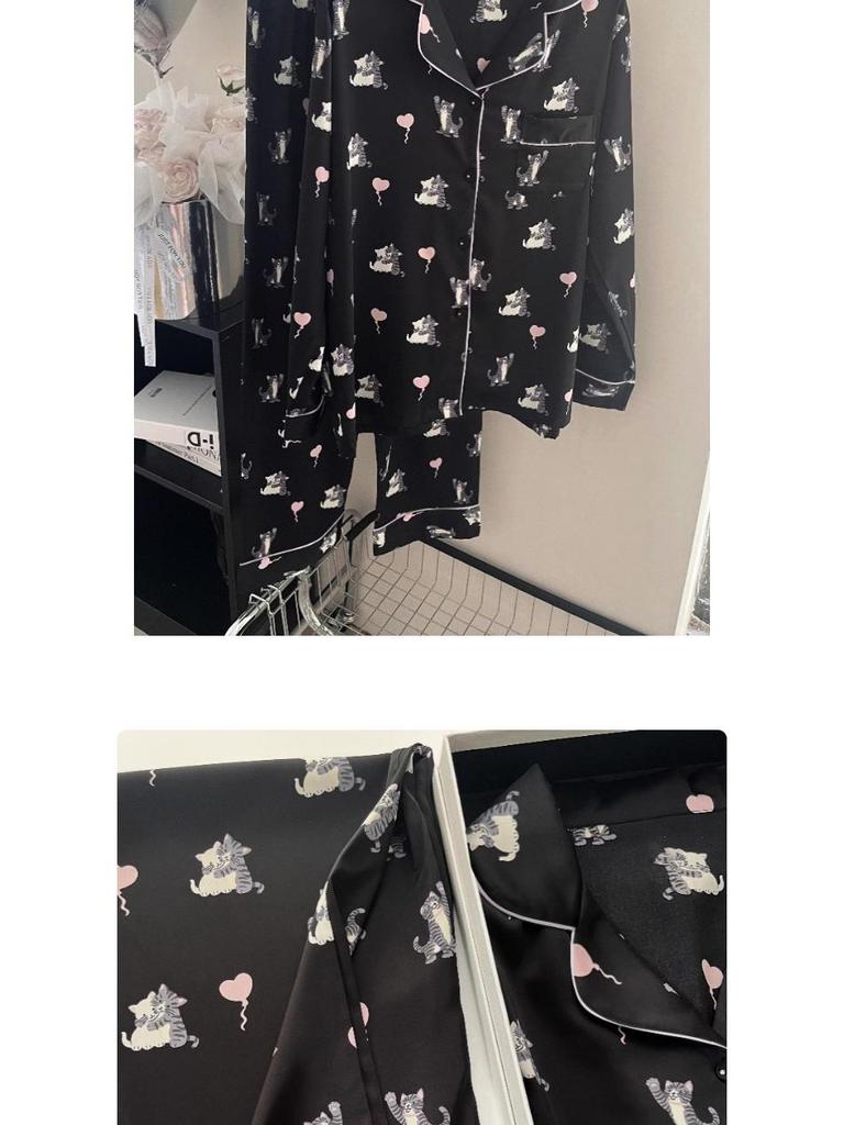 Women's Ice Silk Long-Sleeved Pajamas - Heart Balloon Design, Spring/Summer, Thin Style for Dormitory or Home Wear.