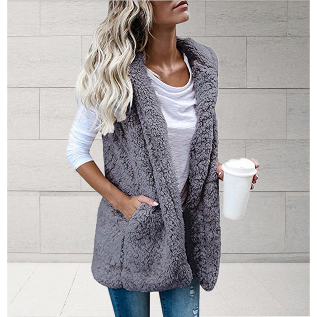 Gilet in Pile Senza Maniche con Cappuccio da Donna Autunno Inverno Monocolore con Tasca Gilet Casual alla Moda