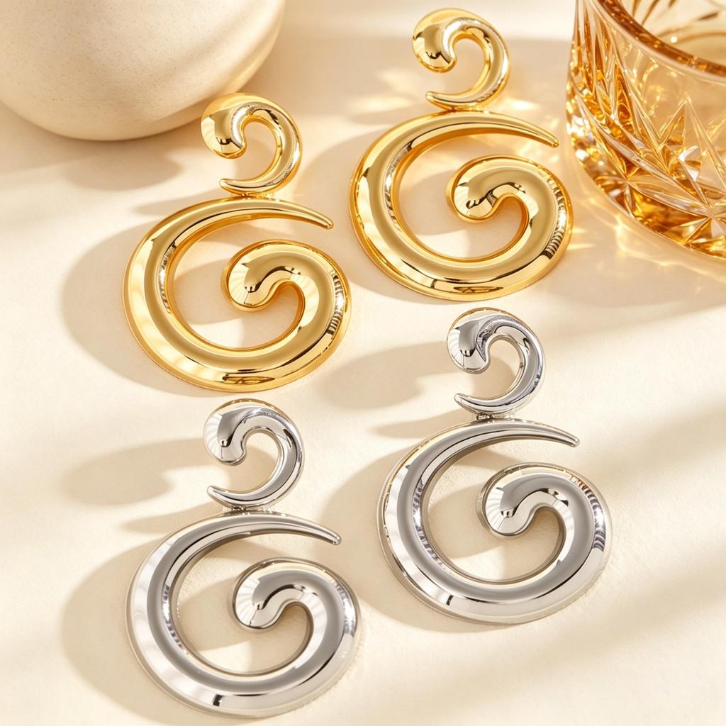 Double Spiral Swirl Drop Earrings Silver Tone Chunky Geometric Statement Earrings for Women