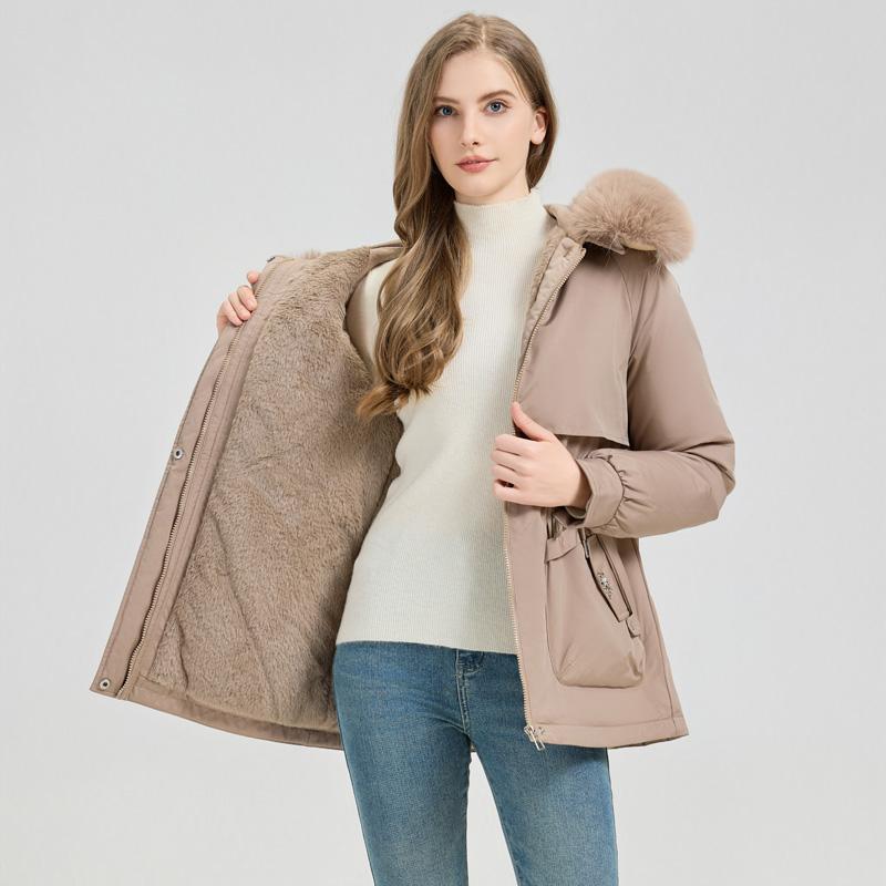 Herbst- und Wintermode Parkas in mittlerer bis langer Länge, warm und dick gefüttert, Samt, einfarbig