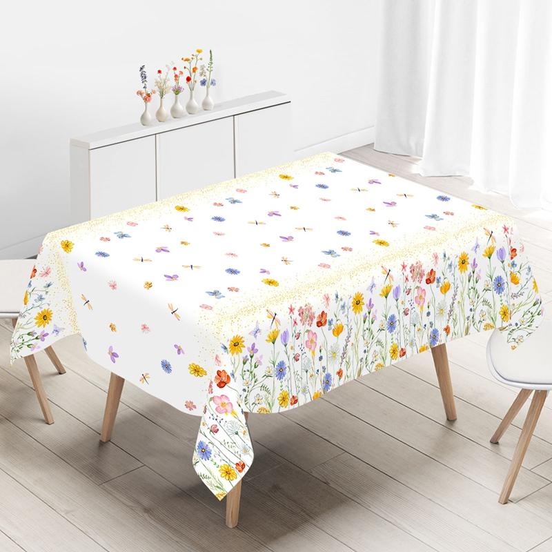 Spring Wildflowers Plastic Tablecloth Floral Grass Tablecover for Weddings, Mother's Day, Birthdays, Seasonal Spring Party Decor