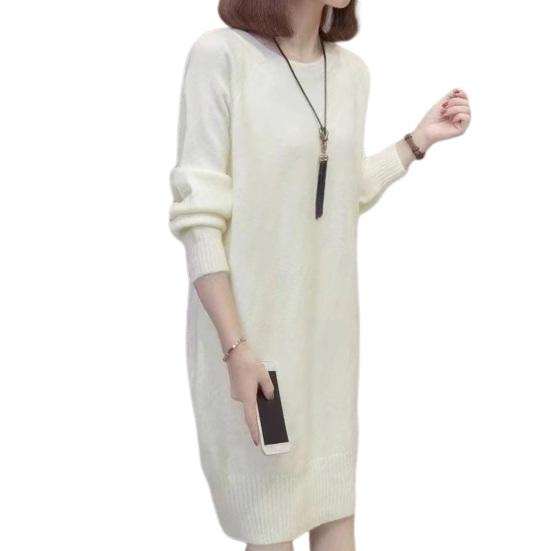 Women Sweater Dress Round Neck Knitted Solid Color Loose Long Sleeve Elastic Thick Warm Pullover Mid-calf Length Lady Fall Midi Dress