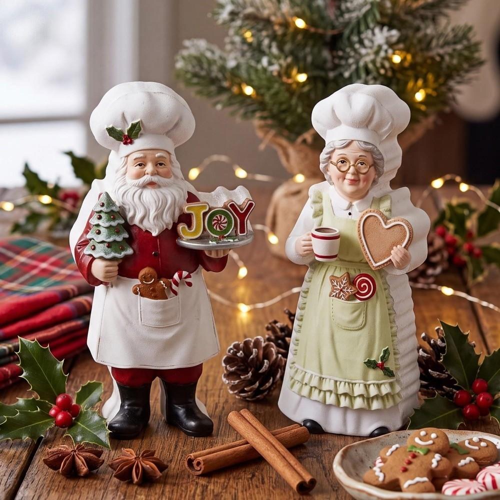 2PCS Chef Hat Chef Santa Figurine Apron Chef Statue Mrs. Claus Figurine Dining Table Centerpiece