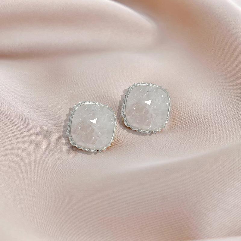 Korean-French Elegant Cracked Square Rhinestone Stud Earrings with 925 Sterling Silver Needles