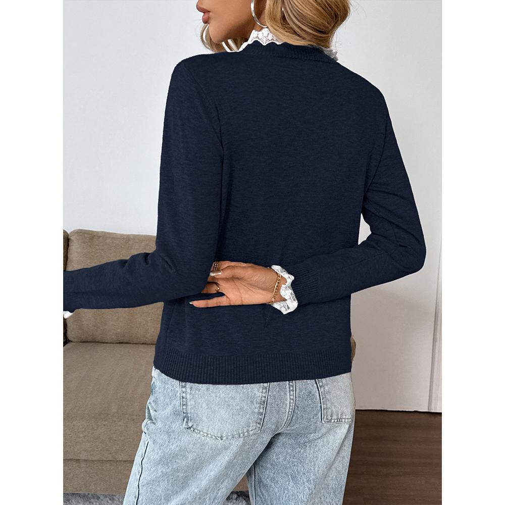 Women's Fall Long Sleeve Sweaters Lace Trim Mock Neck Cozy Trendy Knit Pullover Tops