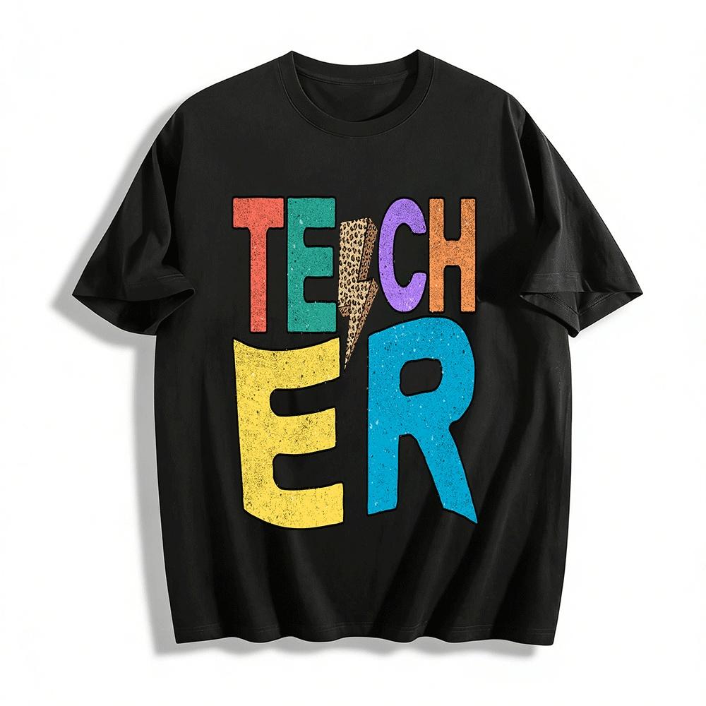 Leopard Lightning TEACHER Graphic Casual Teacher Themed Top Pure cotton T-shirt XXS