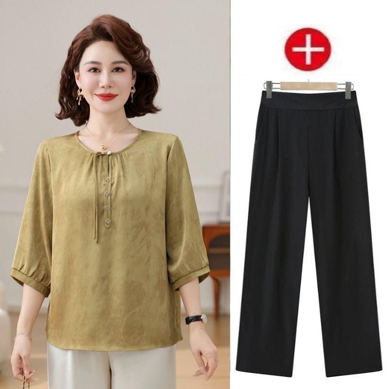 Mother's Day Mid-Sleeve Casual Summer Top & Wide-Leg Pants Set for Middle-Aged Women