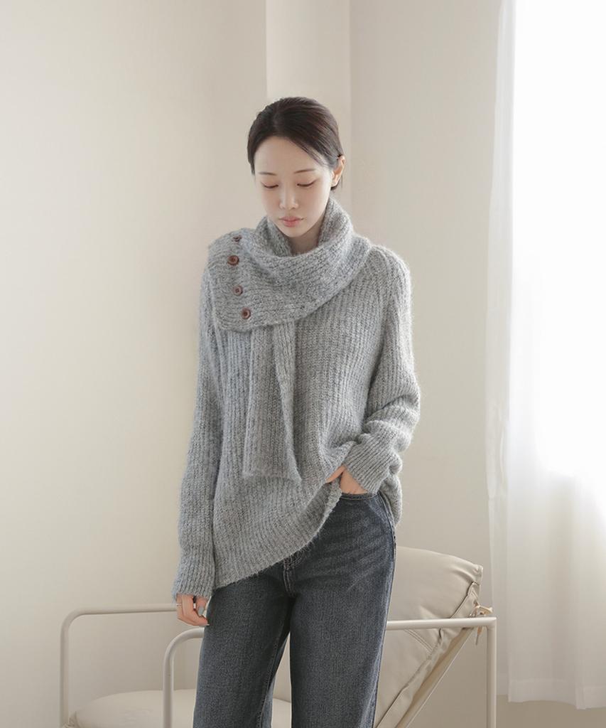 Keulleiseu Button Scarf V-Neck Knit_Gray