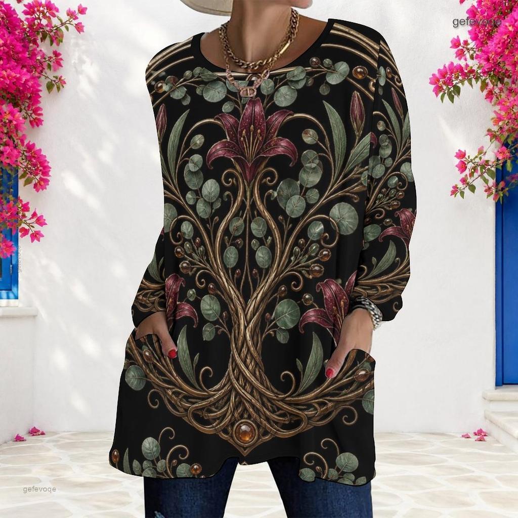 Women Plus Size Round Neck Long Sleeve Black Gold Green Printed Longline T Shirt With Pockets