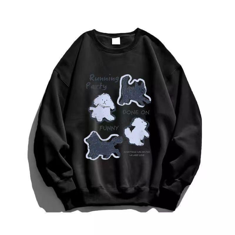 Женское худи с мультяшным принтом в корейском стиле свободное с круглым вырезом однотонный пуловер с длинным рукавом осенняя повседневная удобная женская одежда 2XL чёрный 2170₽