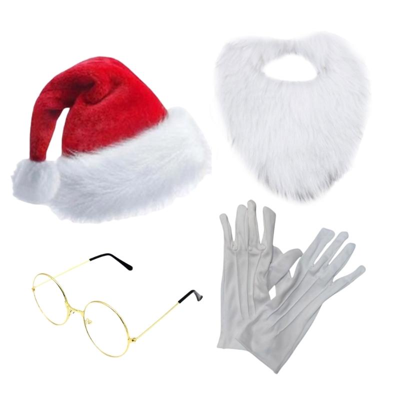 3/4Pcs Santa Suit False Moustache Beard,Santa Hats,Glasses Red Deluxe Santa Clauses Costume for Christmas Cosplay Party