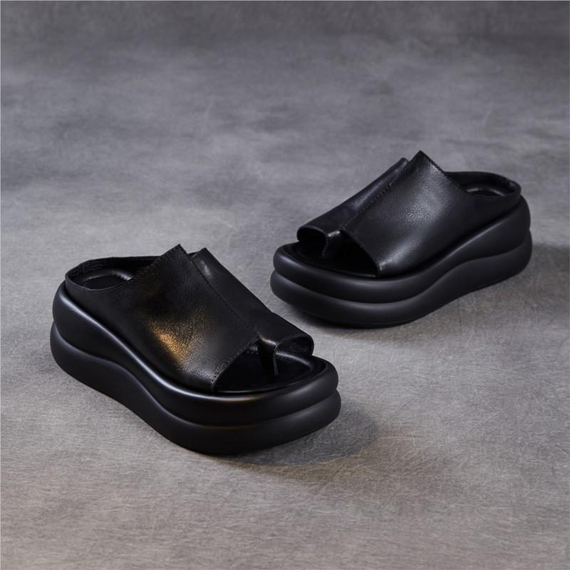 Johnature Ciabatte Zeppa Donna Suola Spessa Vera Pelle Comode Retro Sandali da Esterno