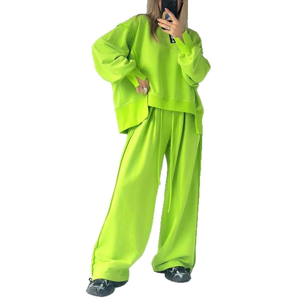 New Autumn and Winter Women's Fashion Casual Set Solid Color Long-sleeved Shirt Long Pants and Round Neck Two-piece Set