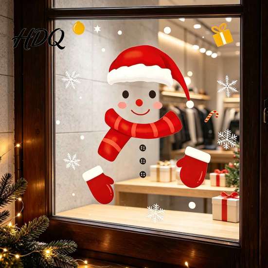 Indoor Outdoor Holiday Signage Christmas Static Window Clings Smiling Snowman Decals with Snowflake Home Atmosphere Props Patterns Waterproof