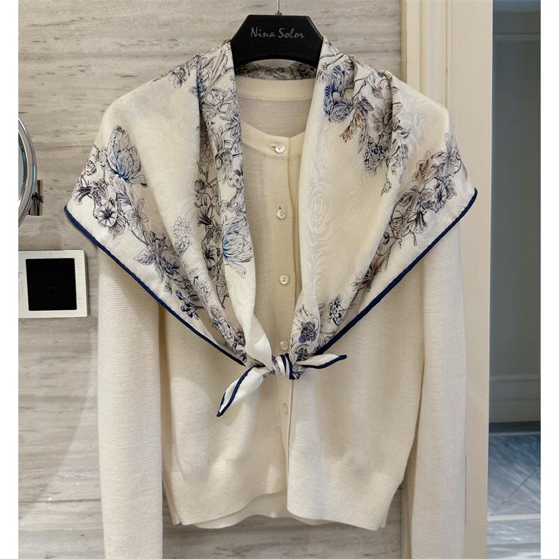 NINA SOLOR Rose & Star Jacquard Silk Wool Square Scarf