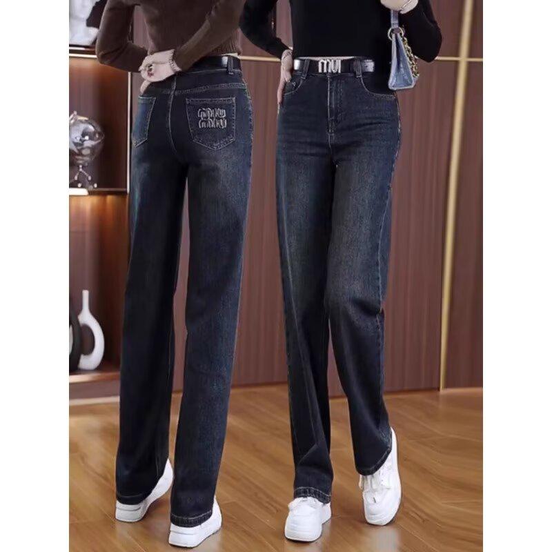 

Прямые джинсы большого размера для женщин формы «груша» - Весна/Осень 2024, Стройнящие, Скрывающие бедра, Широкие длинные брюки Medium синий