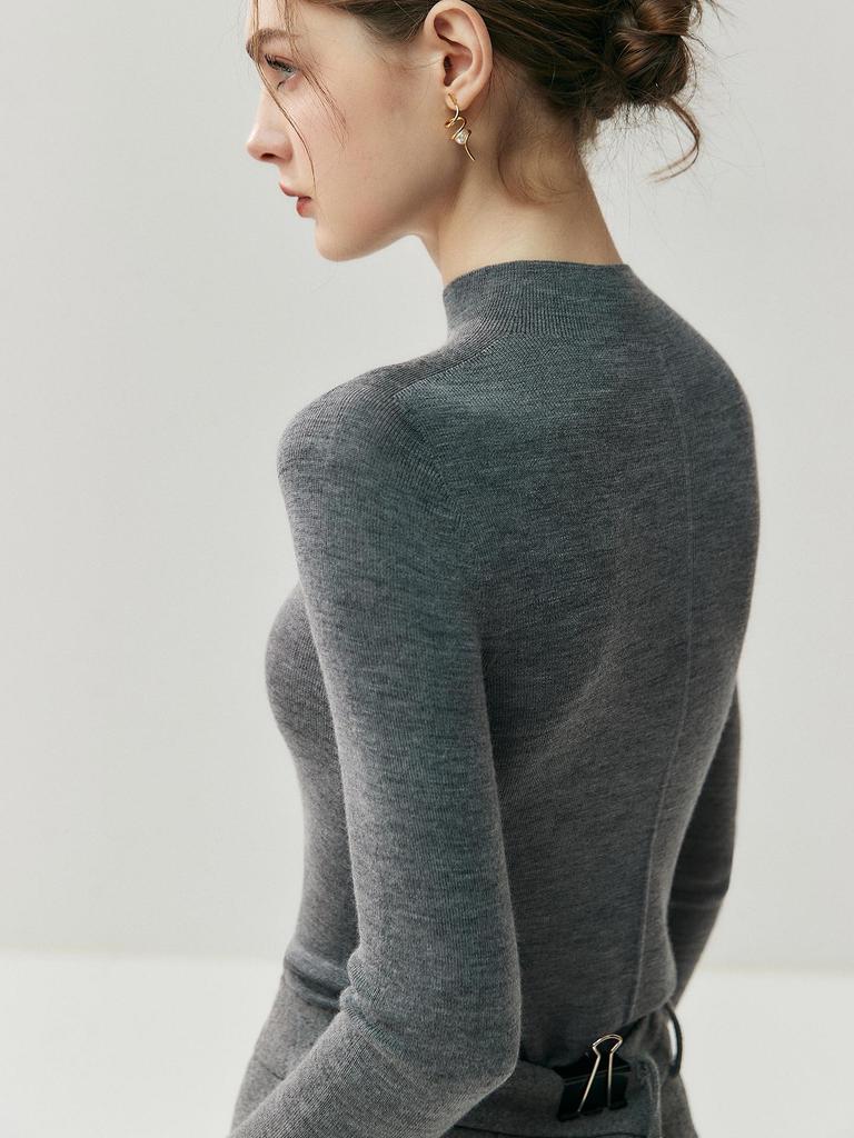 Women's Slim Fit Merino Wool Pullover Sweater - Half-High Neck, Autumn/Winter, Machine Washable