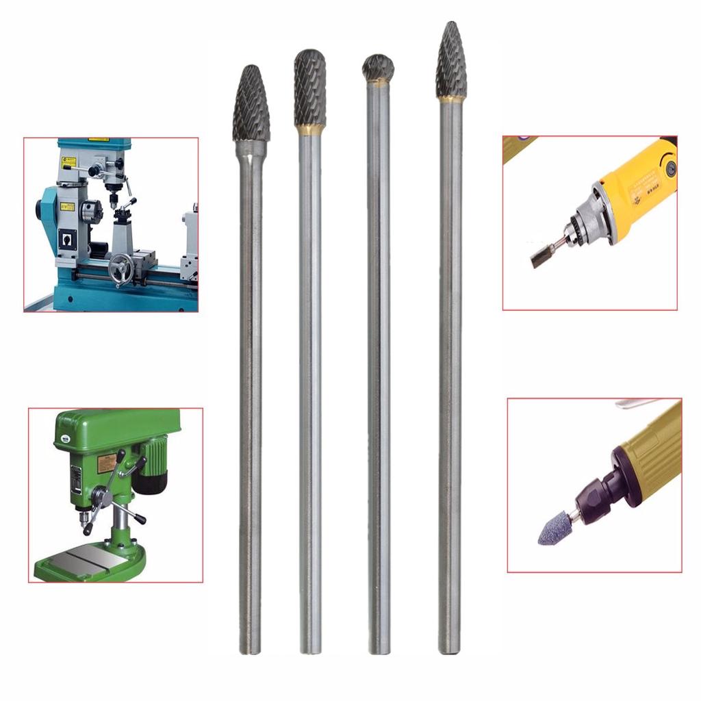 4Pcs Rotary Burr 1//4/'/' Shank 6/'/' inch Long Reach Double Cut Carbide DIY Tool Kit
