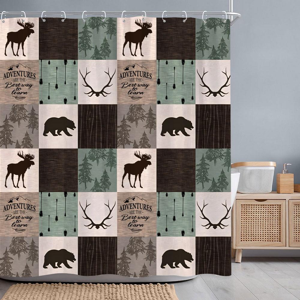 Vintage Lattice Outdoor Camping Shower Curtain Bear Deer Forest Rustic Wooden Panels Shower Curtains Bathroom Decor With Hooks
