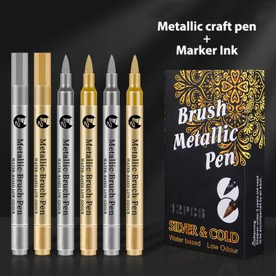 Zestaw metalicznych pisaków do rękodzieła o wysokim połysku - Złoty Srebrny i 20 ml tuszu z miękką końcówką, wodoodporne, szybkoschnące, tusz na bazie wody, markery do rękodzieła