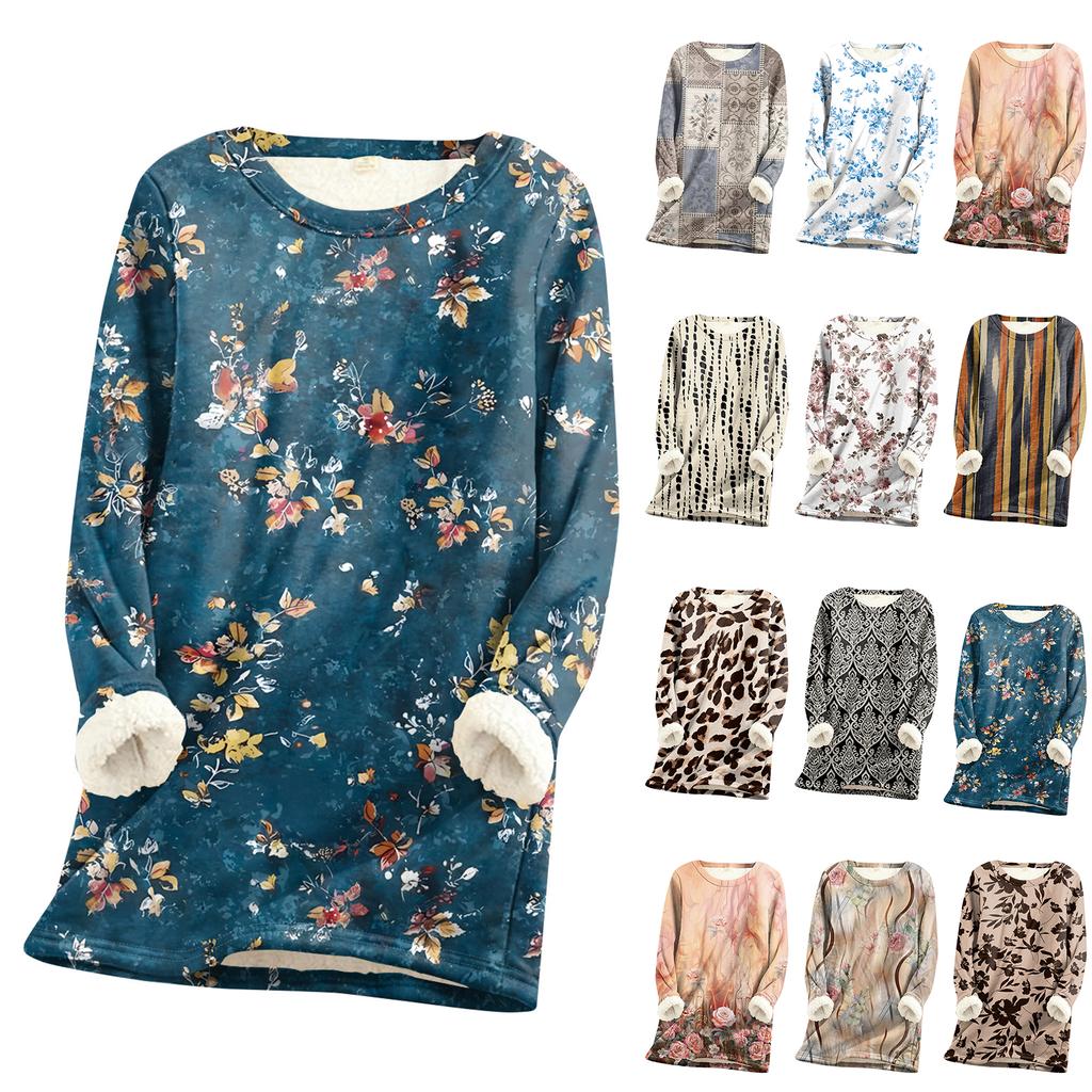 Dámský top s kulatým výstřihem s potiskem, zahuštěný plyšový kašmírový hřejivý dlouhý top