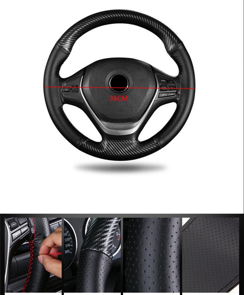 38CM Deluxe Black Carbon Fiber & Leather Car Steering Wheel Cover Trim Universal