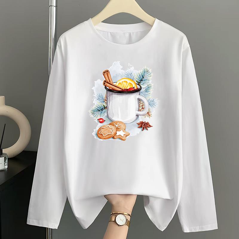 (Asian Size) sweet merry style Print T Shirt Christmas holiday Graphic Tee Women autumn winter Casual Fashion Top Clothing Long Sleeve T-shirts