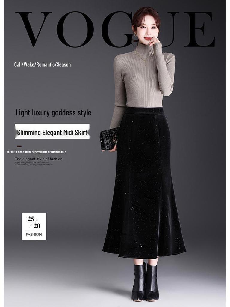 Sequined Velvet Fishtail Midi Skirt - 2026 Spring Fashion