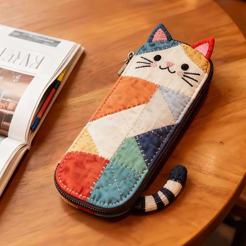 Cat Design Cloth Pencil Case Patchwork Multifunctional Storage Bag for School College Stationery Travel