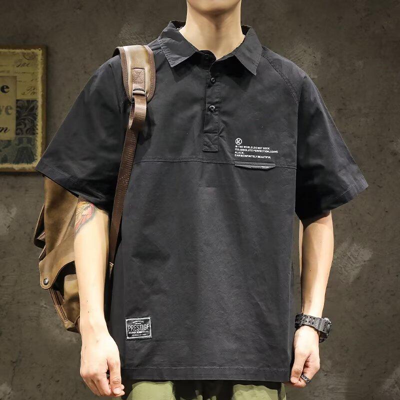 

Мужская модная летняя рубашка-поло, облегающий крой с короткими рукавами, корейский стиль 2023 года, универсальный топ Large чёрный