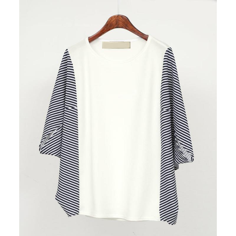 Yaz Kadın Bol Büyük Beden Kısa Kollu Üst Yuvarlak Yaka Renk Bloklu Yarasa Kollu Tişört